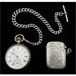 Silver open face keyless lever pocket watch by Toll & Courtis Cape Town, Chester 1900, with tapering silver Albert chain with t-bar and clip, by Joseph Sewill, Birmingham 1895 and silver lighter by Joseph Gloster Ltd, Birmingham 1911