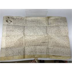 Three 17th/18th century manuscript deeds on vellum relating to properties in Bowling Alley Lane, Hull - one dated 16/12/1689 with seal 44 x 65cm; mortgage dated 20/2/1711 56 x 74cm; and assignment of mortgage dated 5/5/1727 with seal; all folded (3)
