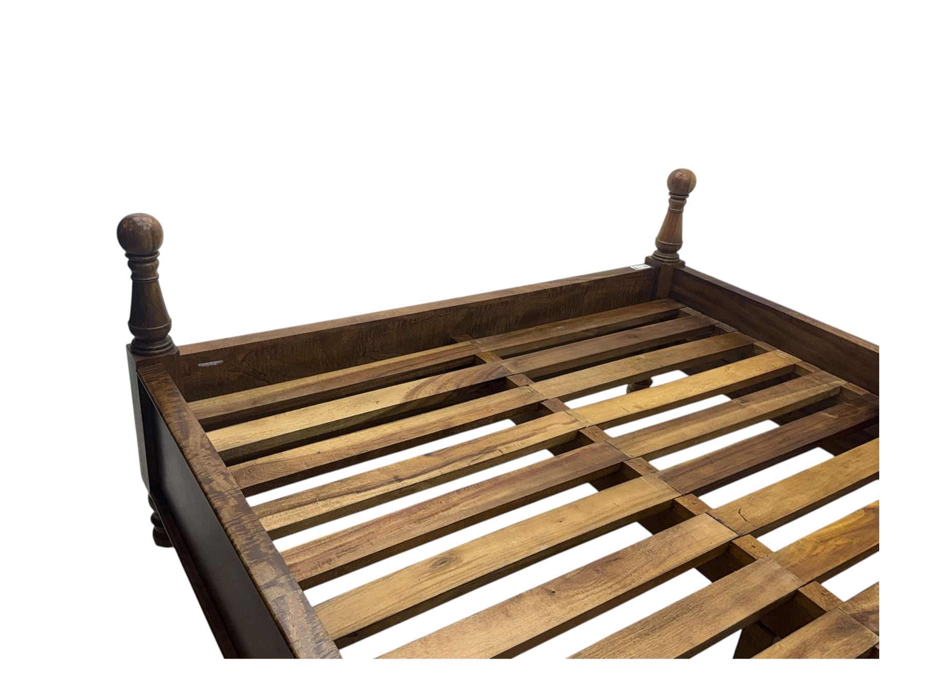 Contemporary mango wood bed frame, comprising an arched panelled headboard and footboard with inlaid geometric patterns, turned posts with spherical finials, and complete with side rails and slatted base