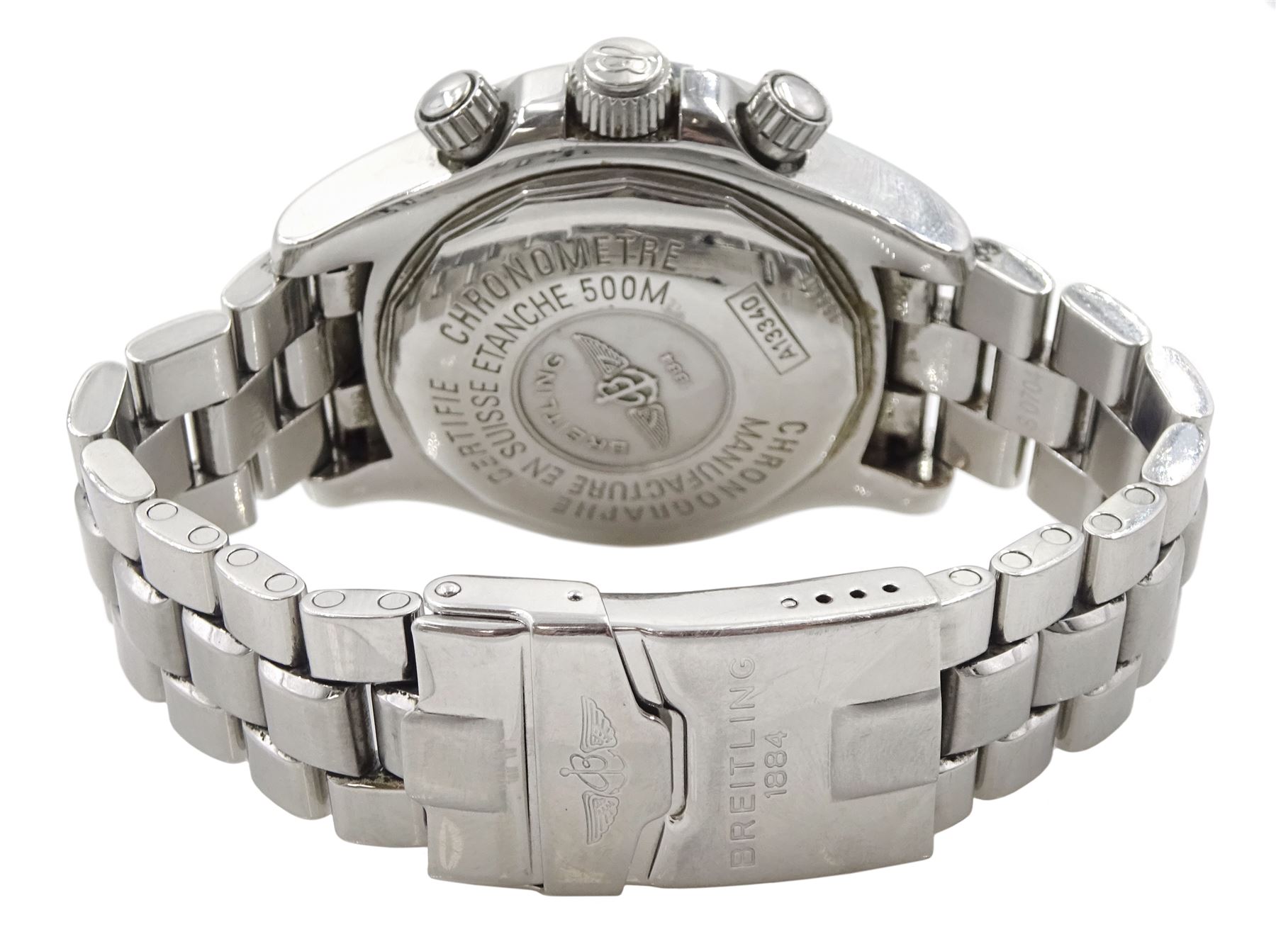 Breitling Superocean gentleman's stainless steel automatic chronograph wristwatch, Ref. A13340, blue dial with triple register recording hours, minutes and continuous seconds and date aperture, boxed with papers and additional links