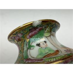 Two late 19th/early 20th century Chinese famille rose vases, the first example of cylindrical form with waisted neck, the second of ovoid form with waisted neck and flared rim, each decorated with panels of figures and birds, each approximately H13cm. 