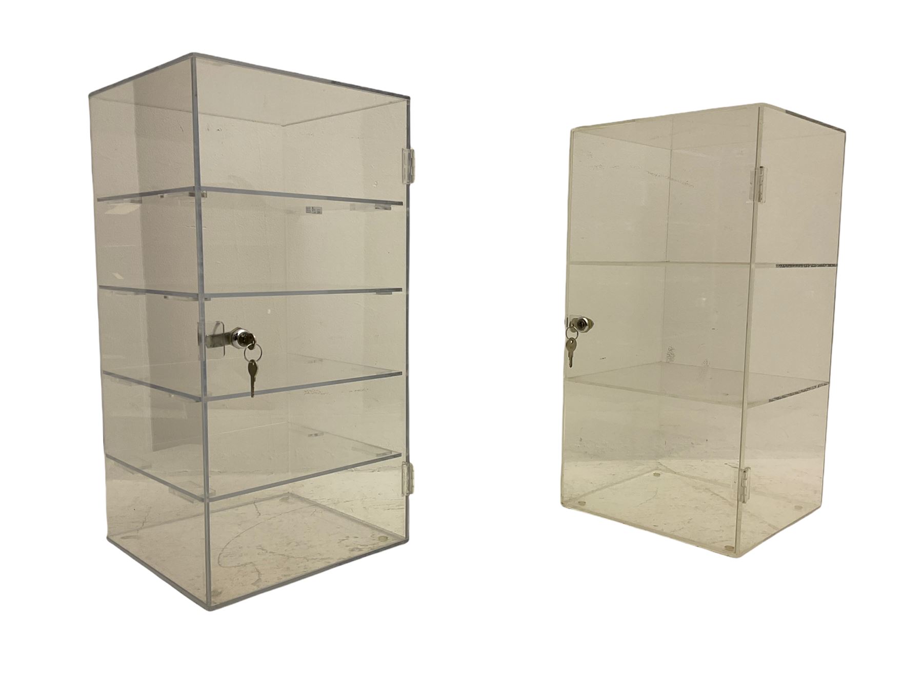 Two Perspex display lockable and fitted with shelves The