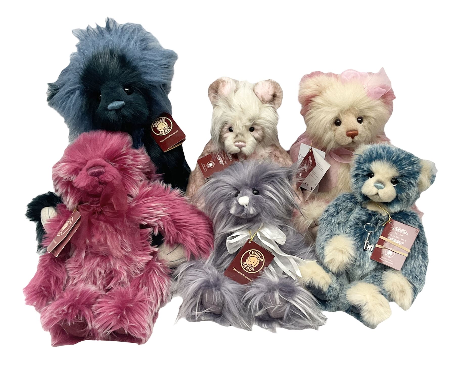 Six Charlie Bears, comprising limited edition Charlie Birthday Bear 2018 CB181946A, designed by Isabelle Lee, limited to 2000, Sharon CB181822B, Muffin CB191943B, and Raspberry Trifle CB631404, each designed by Isabelle Lee, Roman CB191807O, designed by Heather Lyell, and Angelica CB206018O, all with tags