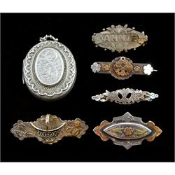 Victorian silver embossed and bright cut floral decoration, Birmingham 1881, silver basket brooch, Birmingham 1896 and four other silver Victorian and later bar brooches, stamped or hallmarked (6)