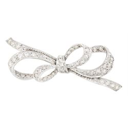 18ct white gold milgrain set, single cut diamond double bow brooch
