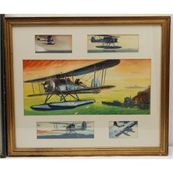 David L Marshall (British 20th century): AVRO Shackleton AEW.2, gouache signed 38cm x 56cm; English School (20th century): Biplanes, five watercolours heightened in white framed as one unsigned, largest 20cm x 45cm (2)