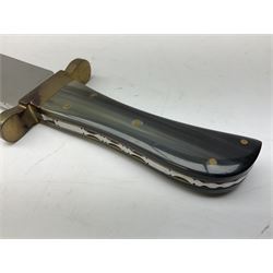 Large Bowie knife the 24.5cm steel blade marked J.E. Middleton & Sons Rockingham Street Sheffield with brass cross-piece and polished horn grip scales; in leather sheath L41cm overall