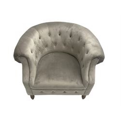 Grey velvet Chesterfield button pressed tub chair with rolled arms, turned legs