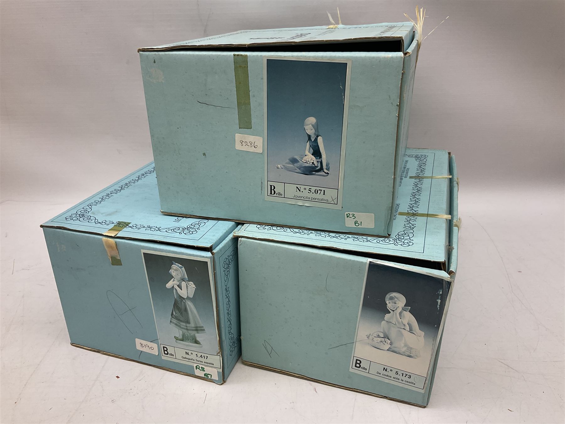 Three Lladro figures, comprising Pondering, no 5173, Nostalgia, no 5071 and Nature's Bounty, no 1417, all with original boxes, largest example H27cm