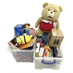 Two Barbie Pink Label Twilight figures in boxes, Ted wacky wobblers in boxes, Minion Dave in box, Toy Story Woody doll etc in two boxes