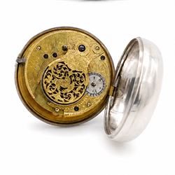 George III silver pair case verge fusee pocket watch by W.C. Tooke, Lynn, No. 23960, pierced and engraved balance cock decorated with a mask, enamel polychrome dial depicting rope makers and personalised 'John Withers' hour markers, case by William Linsley, London 1814