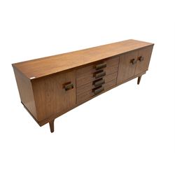 Bath Cabinet Makers BCM - mid-20th century teak sideboard fitted with four drawers and three cupboards with curved handles on tapering supports