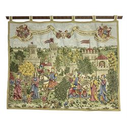 Medieval style German tapestry wall hanging suspended from carved oak pole depicting fairy-tale Rapunzel scene, H126cm W160cm approx 