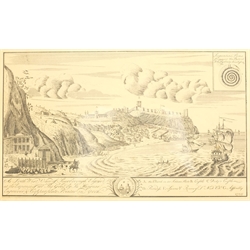 After John Haynes (British fl.1730-1750): 'A South West View of Scarborough', late 19th century engraving in original John Linn & Sons ebonised frame 27cm x 43cm
