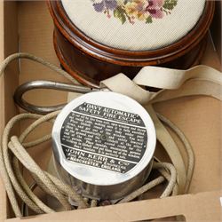 Victorian spittoon with tapestry upholstered top and treacle glazed liner, Davy Automatic Safety fire escape, pewter candlesticks, stool, classical design gilded stand