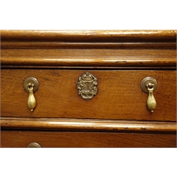 18th century style oak chest of two short and three long drawers with brass tear drop handles, panelled sides and bun turned feet, W93cm, H85cm, D53cm   