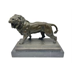 After Charles Valton, bronze, modelled as a lion, upon bronze plinth signed C H Valton, with foundry seal for J B Deposee, and black marble plinth base, overall H20cm L26cm