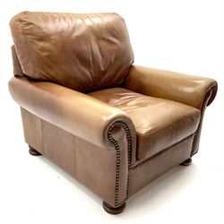 Three seat studded tan leather sofa, scrolling arms, turned supports (W190cm) with matching two seat (W155cm) armchair (W100cm) and footstool 