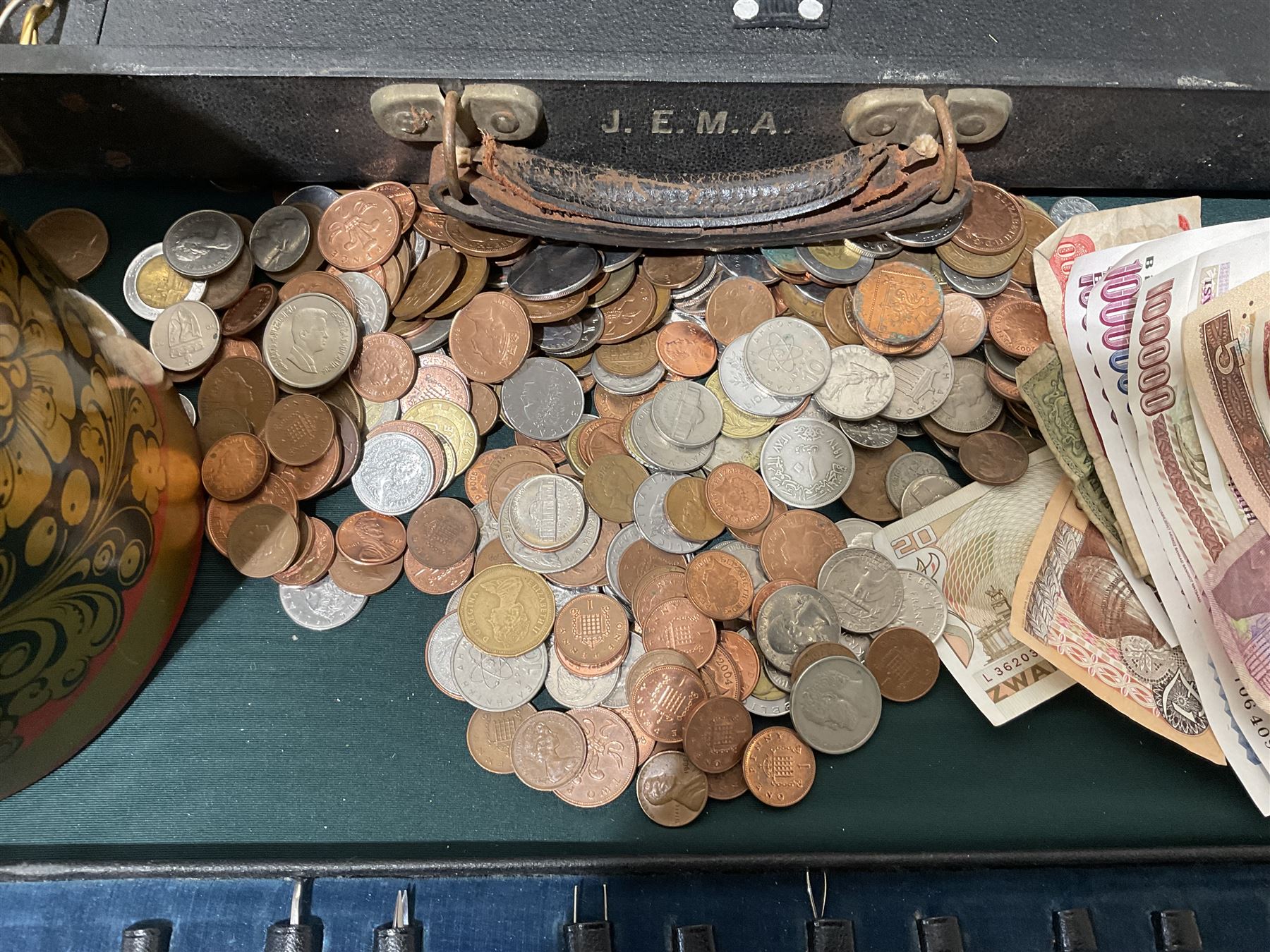 Large collection of continental coins and banknotes, in lacquered box, together with a box of eye instruments