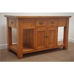  Solid pine kitchen island fitted with six drawers and four cupboards, on square supports, 153cm x 76cm, H90cm  