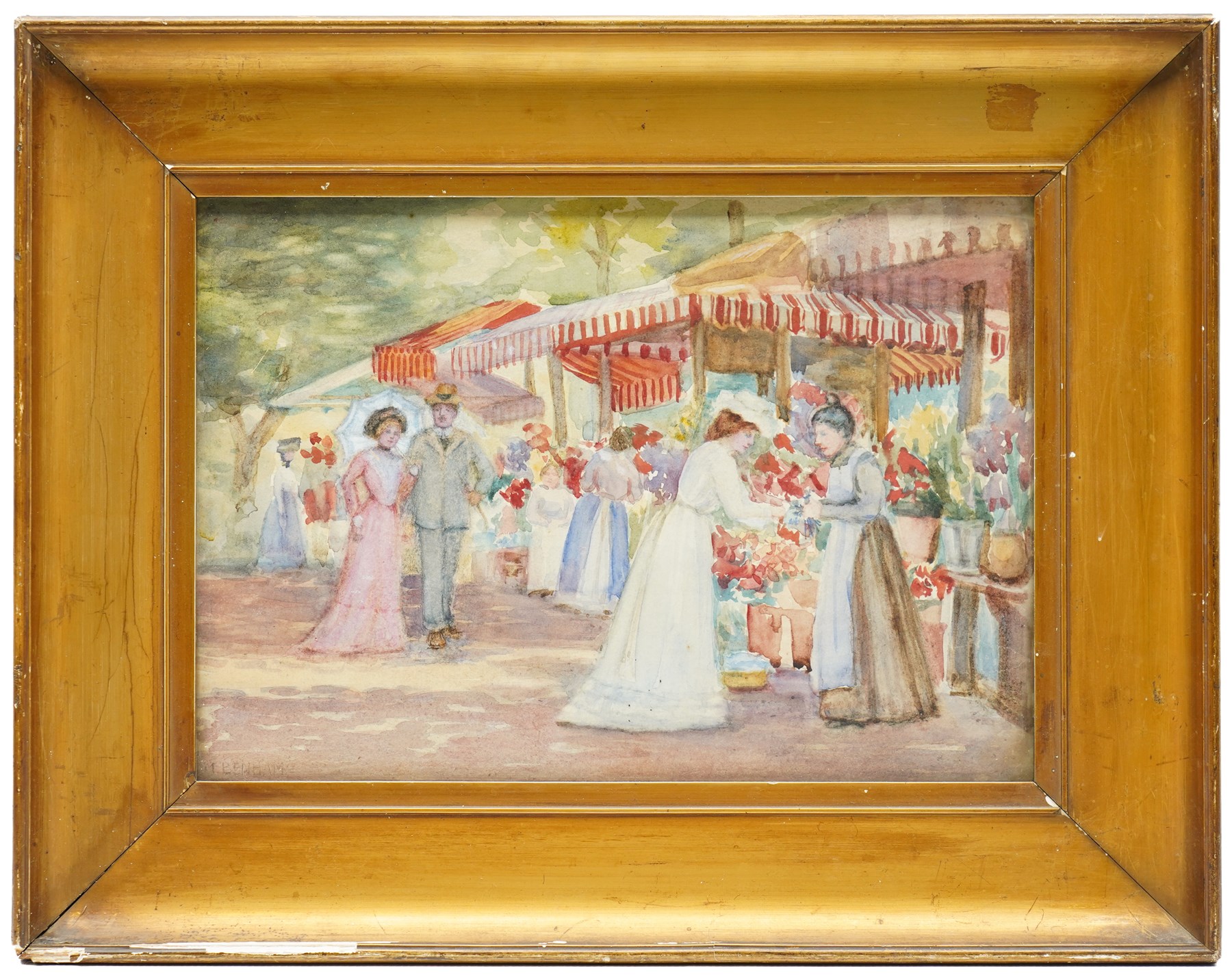 M Benham (20th century): 'Market Aix' - Provence, watercolour signed, titled on partial label verso 24.5cm x 35cm