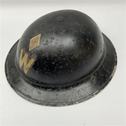 WW2 ARP warden's steel helmet with original liner and chin strap, marked W with one diamond above for Head Warden, stamped under rim J.S.S. IFH 1939