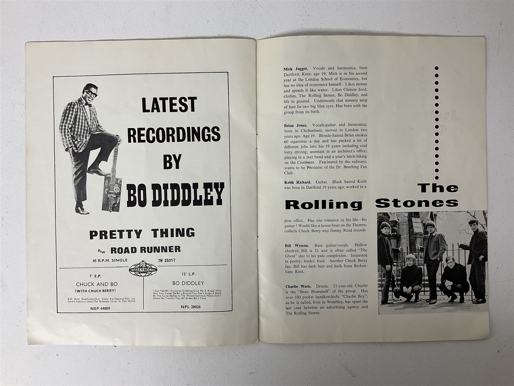 1960s autographed photographic postcard of The Rolling Stones showing Mick Jagger, Brian Jones, Keith Richard, Bill Wyman and Charlie Watts; signed in ink by all five members 13 x 9cm in modern mount and frame; together with a programme for the performance where the signatures were obtained supporting The Everly Brothers presumably at The Doncaster Gaumont as the date of this venue is hand written on the inside.