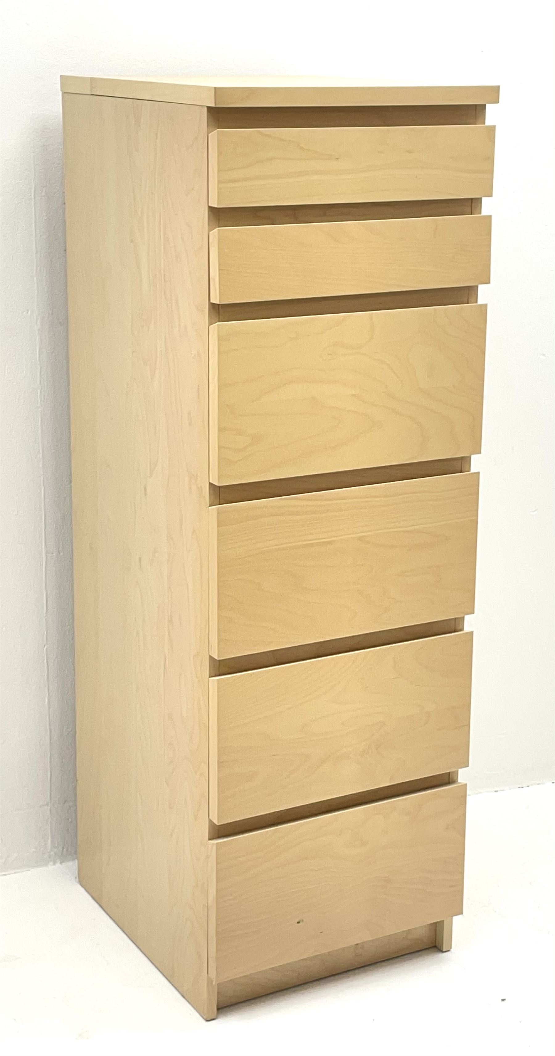Narrow Ikea Cherry effect chest,  single hinged top above six graduating drawers
