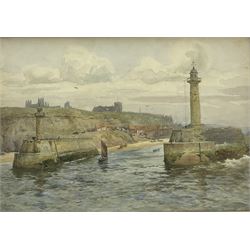 Albert George Stevens (Staithes Group 1863-1925): East and West Piers Whitby Harbour, watercolour signed 34cm x 49cm