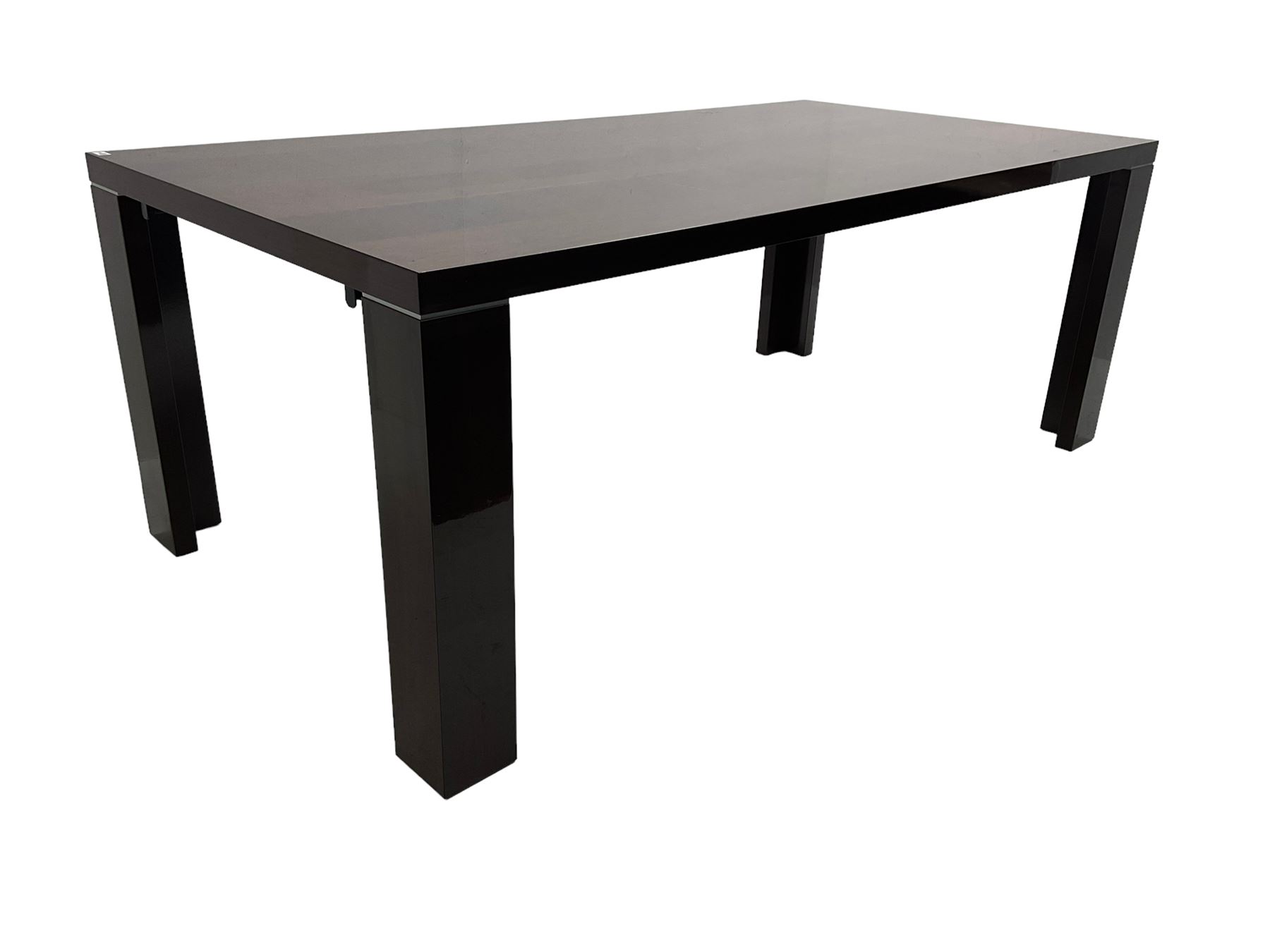 Large American walnut rectangular dining table on square block supports, together with set eight high back dining chairs with cream upholstered seats, the top and chair backs with matching inlaid geometric banding