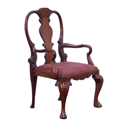  Queen Anne style child's mahogany armchair, vase shaped splat back, drop in upholstered seat, on cabriole supports, H64cm x W38cm   
