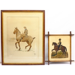 After Edward Algernon Stuart Douglas (British 1850-1920): 'A Rough Rider', colour lithograph 53cm x 40cm and English Primitive School (19th century): Portrait of Horse and Rider, cut-out watercolour in cruciform oak frame 33cm x 28cm (2)