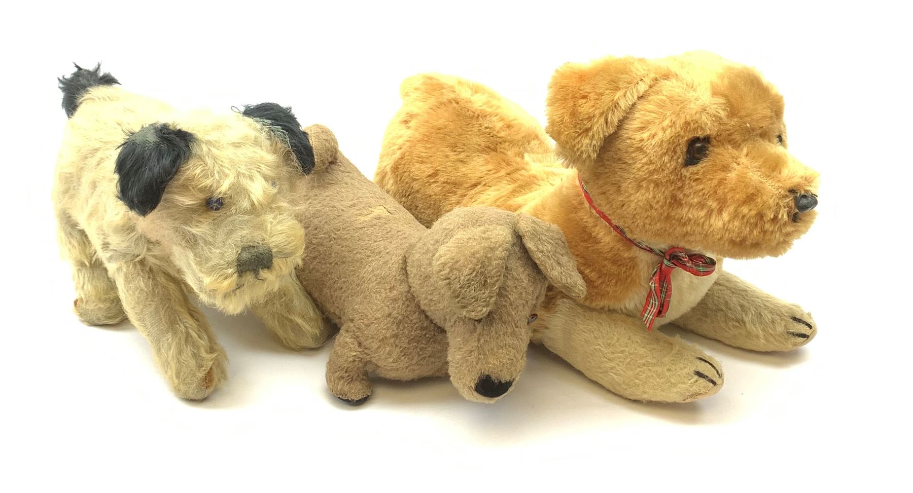 Three English dogs 1930s-60s including Deans Rag Book Co. Ltd. 'Childsplay' corgi in crouching position with two-tone body, glass type eyes and plastic nose with stitched mouth L18
