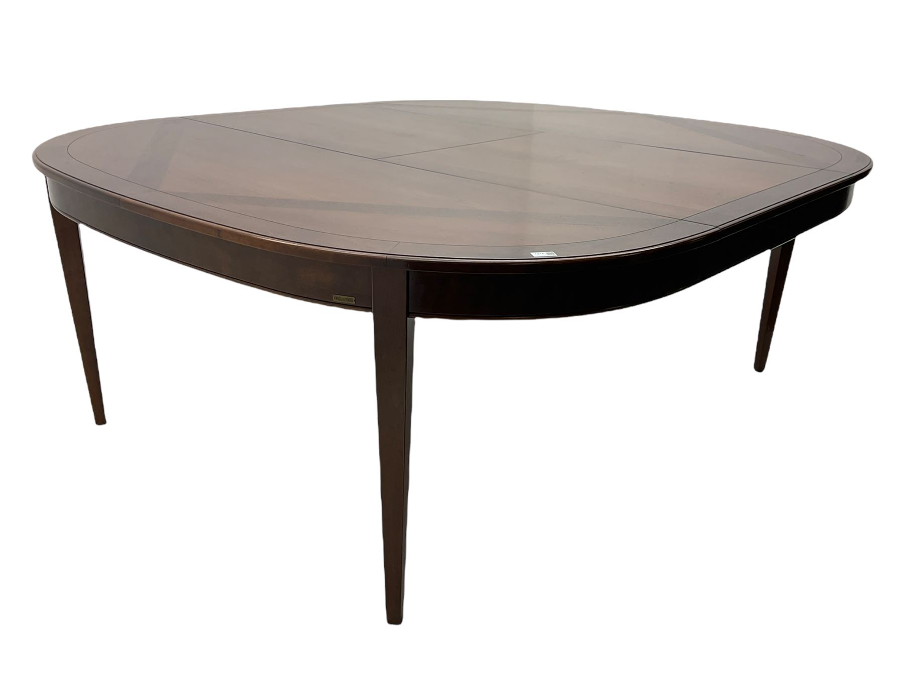 Grange Furniture - cherry wood finish oval extending dining table on square tapering supports, and a set of eight dining chairs with curved backs and upholstered seats 