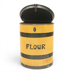 Early 20th century painted pine flour bin, cylindrical form with hinged circular cover, ye...