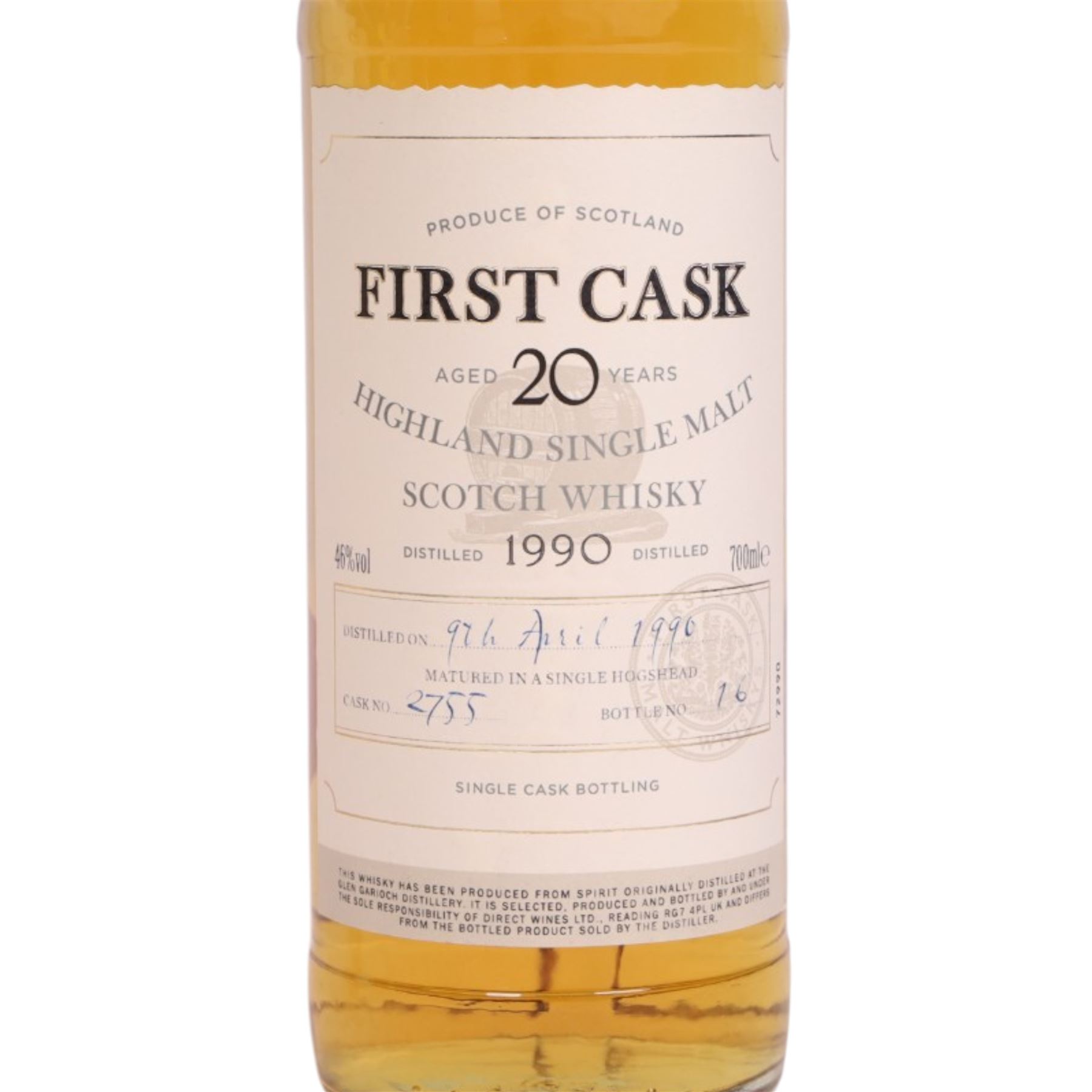 Glen Garioch, 20 year old Highland single malt scotch whisky 46% vol 700ml, First Cask; distilled 9th April 1990, from cask number 2755, bottle number 16, with certificate 

