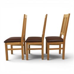 Modern solid oak dining table with set six chairs, chairs with brown leatherette seat