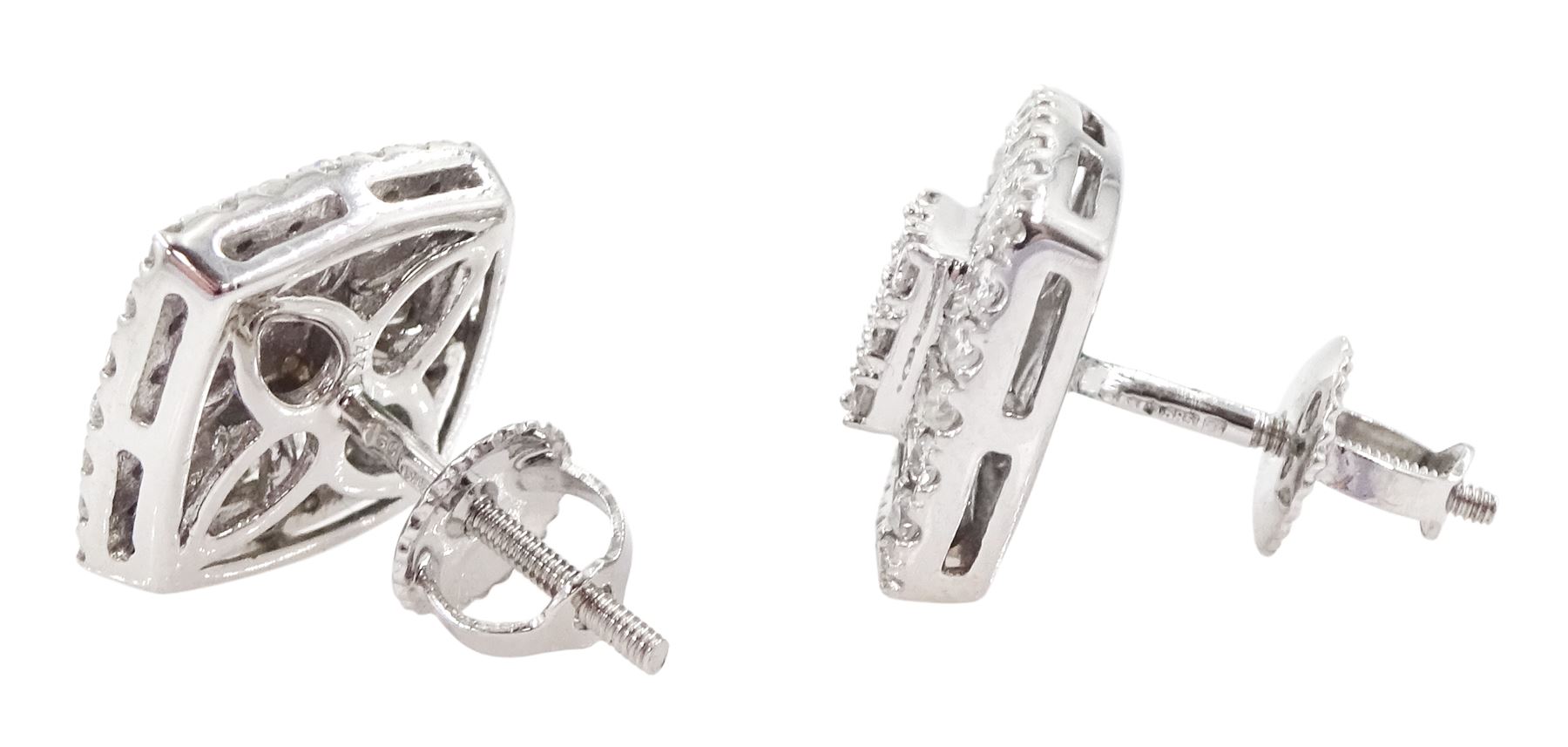 Pair of white gold round brilliant cut and tapered baguette cut diamond cluster, screw back stud earrings, hallmarked 14ct, total diamonds weight approx 1.35 carat