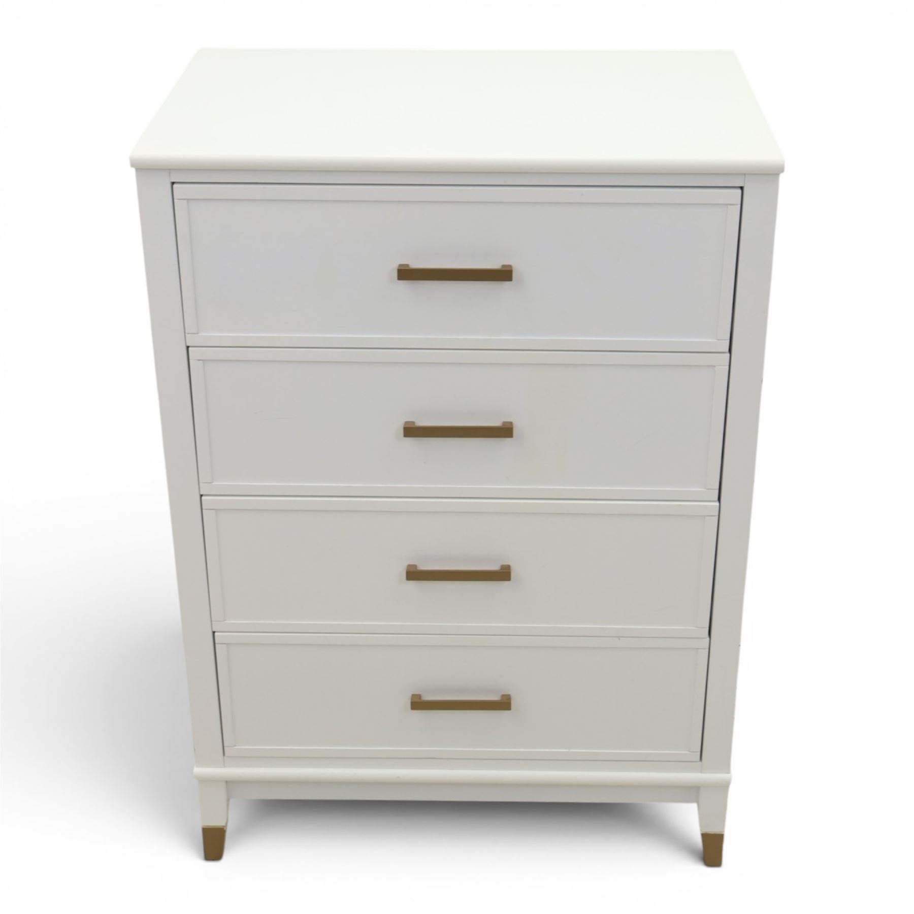 Dorel Home - Modern chest of drawer, white painted rectangular top above, four drawers with bronze metal handles, on tapered supports 
