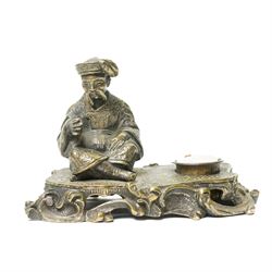 Early 19th century bronze 'go to bed' in the form of a seated Chinese figure on a rococo base W11cm and a plated on copper figure of a swordsman H12cm (2)