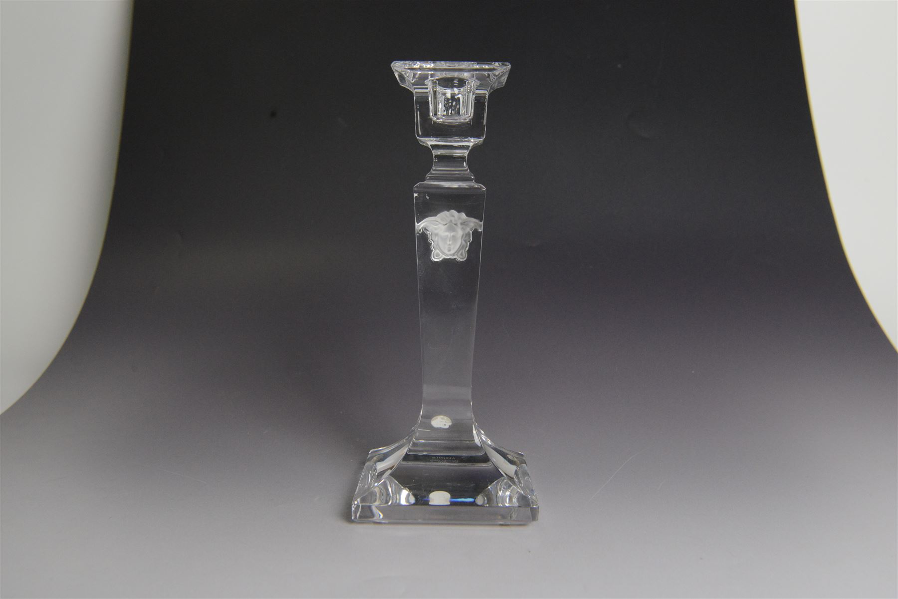 Rosenthal Versace pair of glass candlesticks, of square form, with candles and in original box, H25cm