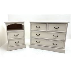 White finish small chest fitted with two short and two long drawers (W87cm, D44cm H69cm), along with matching bedside chest fitted with two drawers (W46cm, D44cm, H69cm)