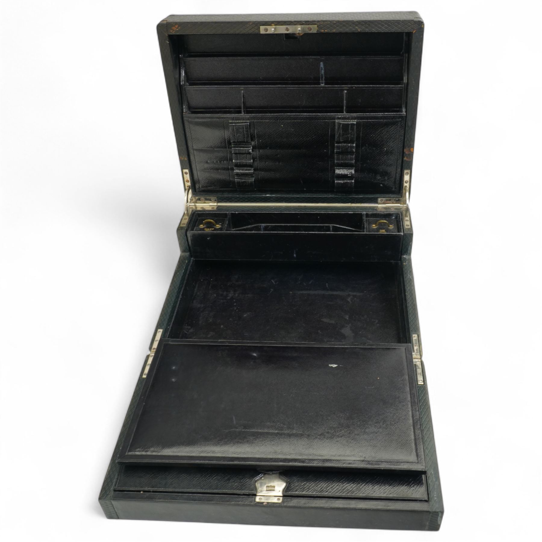 Early 20th century travelling writing box, by James Hurry of London, the leather exterior with Braman lock, the white metal cartouche engraved with FE monogram, opening to reveal compartmental interior, with 'Ink' and 'Light' boxes, and further to reveal writing slope, H18cm x W35cm x 27cm 