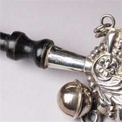 Sterling silver babies rattle with embossed design hung with six bells, whistle and turned wood handle L16.5cm