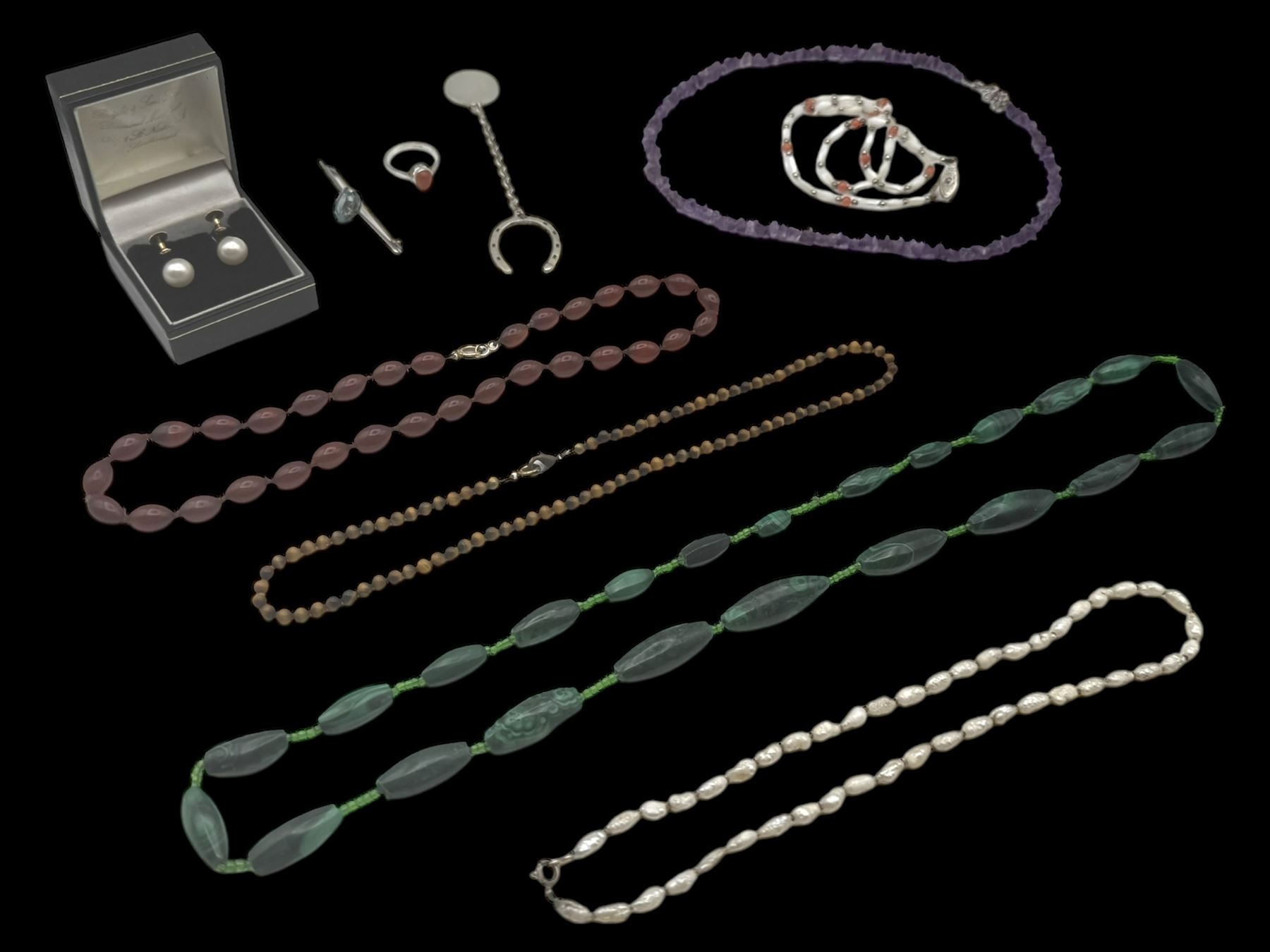 Pair of 9ct gold faux pearl screw back earrings, silver jewellery including brooch, ring and horseshoe charm and a collection of gemstone bead necklaces, two with 9ct gold clasps