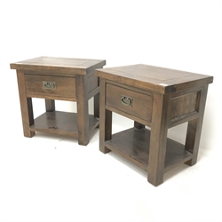 Pair hardwood lamps tables, single drawer, square supports joined by undertier, W55cm, H56cm, D41cm