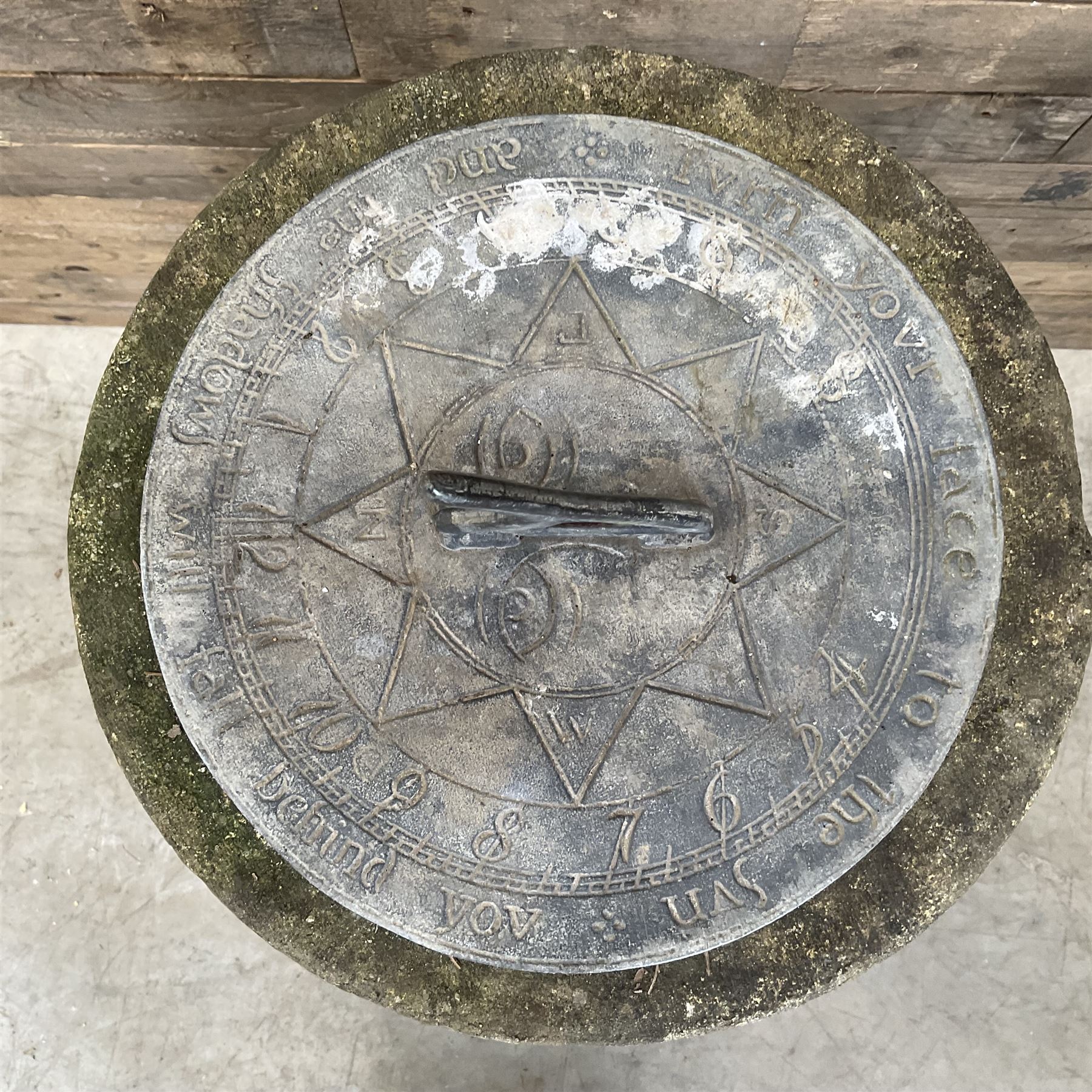 Victorian design cast stone sun dial, circular column with lead NESW plate