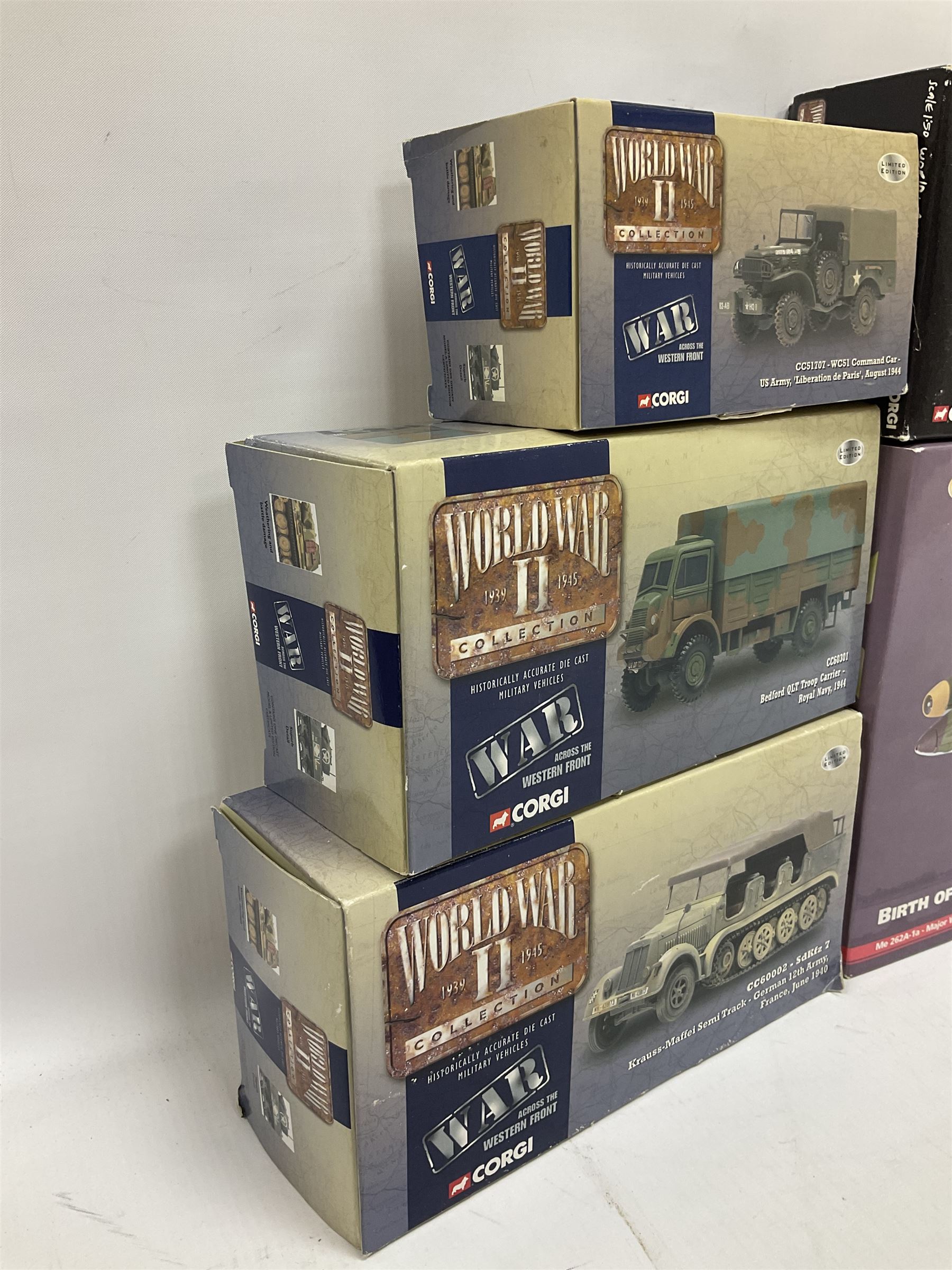 Ten Corgi Military models - Aviation Archive AA35706 Birth of the Jet Engine; WWII Legends CC60502 Tiger 1 Tank; VE Day CC60606 Cruiser Tank; four WWII Collection CC51707, CC60002, CC60301 & CC60105; WWII Allies Churchill Tank; WWII Adversaries Krauss-Maffei Semi-Track; and 07501 British Army Landrover & Trailer; all boxed (10)