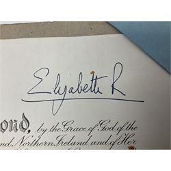 George VI Knight of the Garter cloth beret insignia with pin back and photograph of the Knight's Robes; Edmund Fellowes book on The Knights of the Garter 1348-1939; together with EIIR civilian OBE certificate to Jeffery Stanford Agate with facsimile signatures of Elizabeth II and Prince Philip