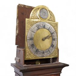Johnathan Storr of York - 30 hour longcase clock c1770, in a later mahogany case with a decorative swan neck pediment, carved gilded eagle and fretwork, with a dogtooth moulding, break arch hood door and detached pilasters beneath, trunk with a conforming break arch topped door on a square plinth with raised moulding and bracket feet, brass arched dial with makers name to the arch, plain dial centre and silvered chapter ring with Roman numerals, five minute Arabic's, minute track and matching steel hands, chain driven movement with a countwheel strike on a bell. No Pendulum or weight.
Johnathan Storr was an 18th century York clockmaker, working from Petergate and Minster gates in the city centre.